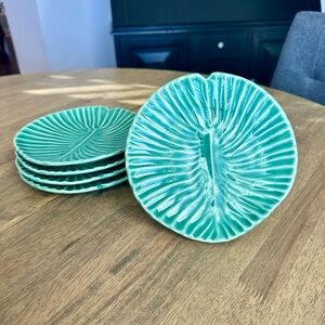 Set of 5 Vintage Green Majolica Olfaire Lily Pad Plates